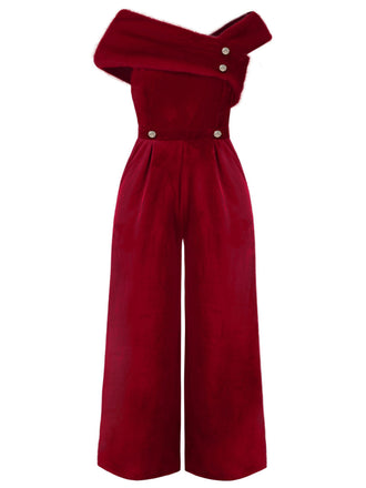 [Übergröße] Rot 1950er Samt Schulterfrei Solide Jumpsuit