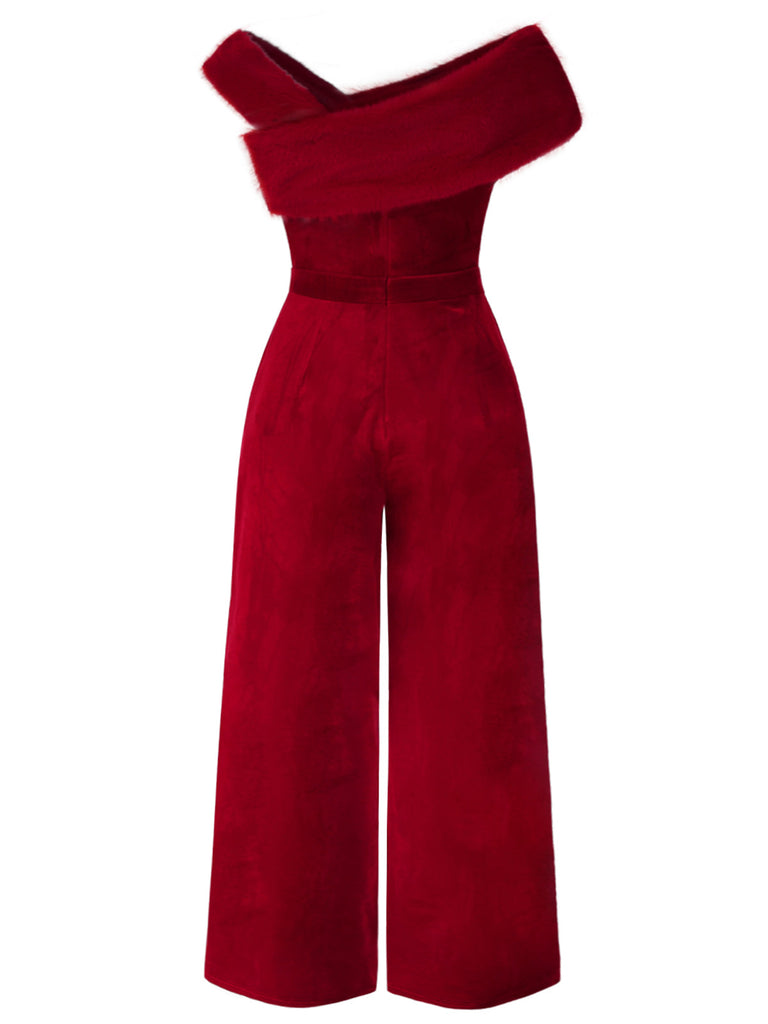 Rot 1950er Samt Schulterfrei Solide Jumpsuit