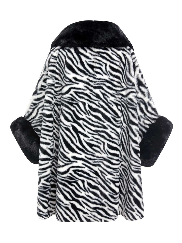 Schwarz 1970er Zebra Pelzkragen Cape Mantel