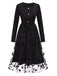 Schwarz 1950er Blumen Netz Patchwork Kleid