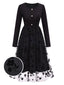 Schwarz 1950er Blumen Netz Patchwork Kleid