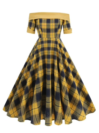 1950er Schulterfrei Vintage Patchwork Plaids Kleid