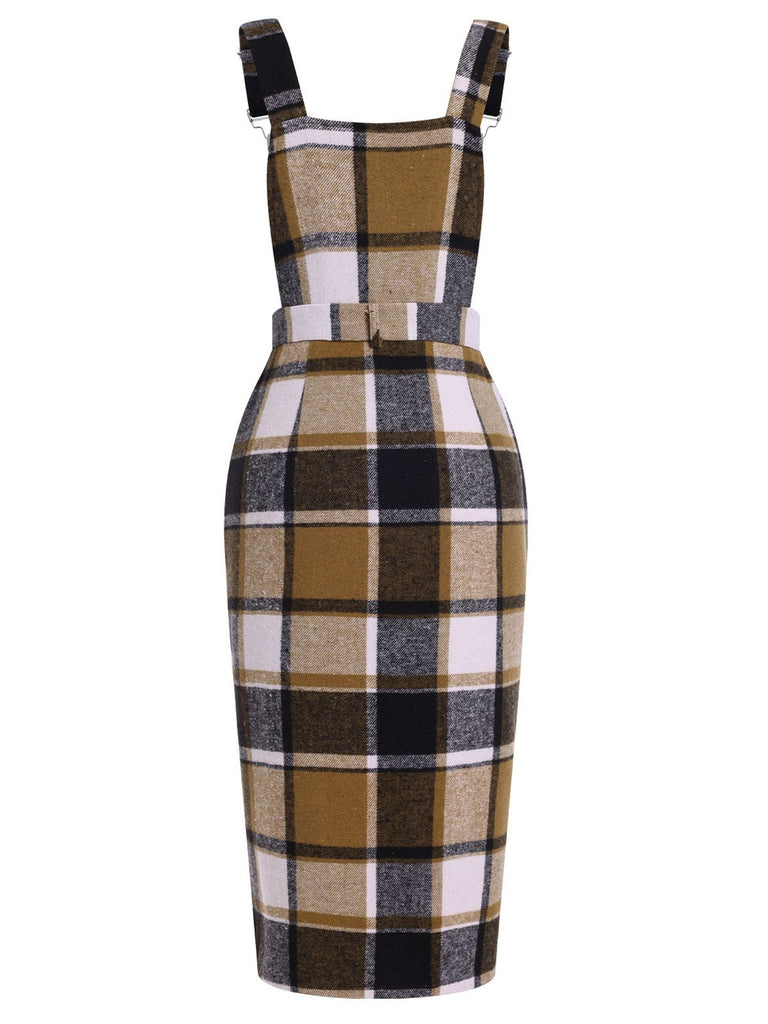 Khaki 1960er Classic Plaid Träger Kleid