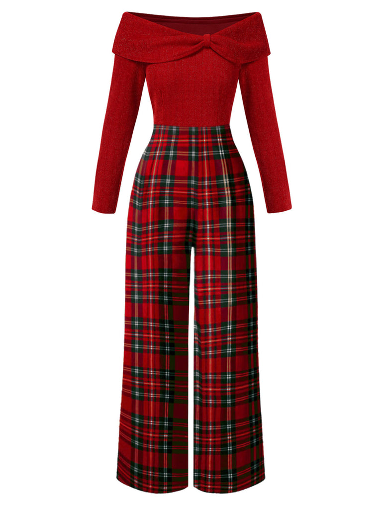 [Vorverkauf] Rot 1950er Schulterfrei Plaids Jumpsuit