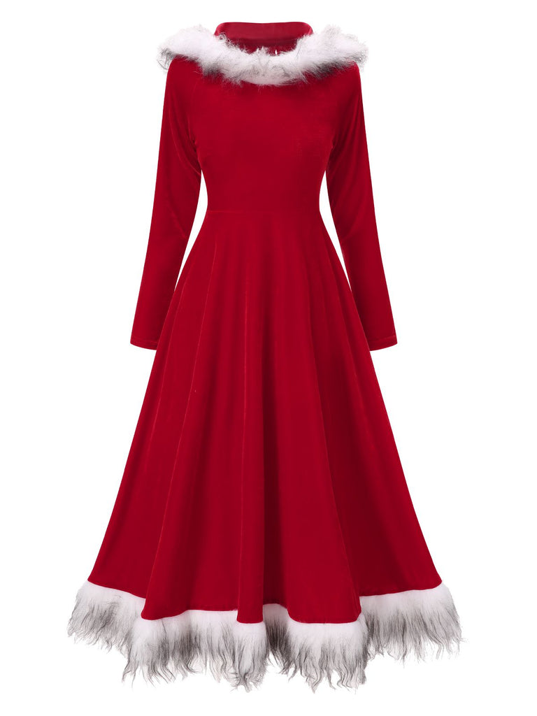 Rot 1970er Weihnachten Pelzkapuze Kleid