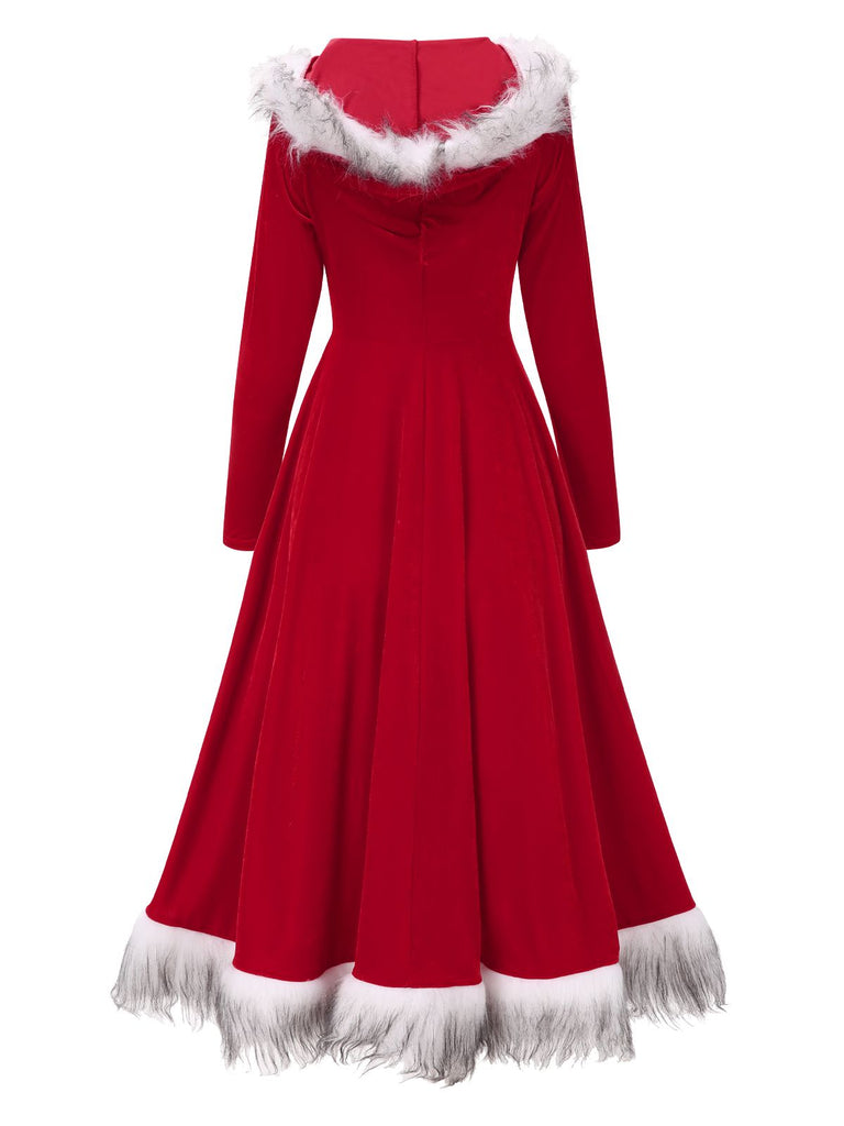 Rot 1970er Weihnachten Pelzkapuze Kleid