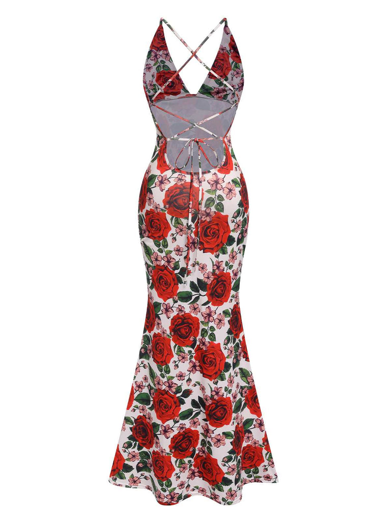 1970er Rose Halter Rückenfreies Kleid