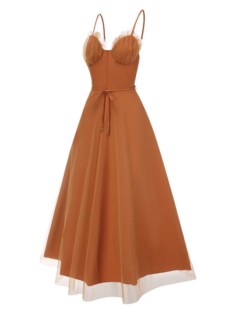 Braun 1950er Spaghetti Träger Netz Swing Kleid