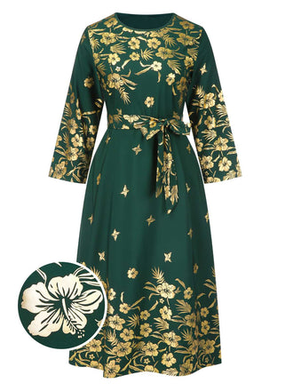 [Große Größen] Grün 1940er Vergoldet Blumen Gürtel Kleid
