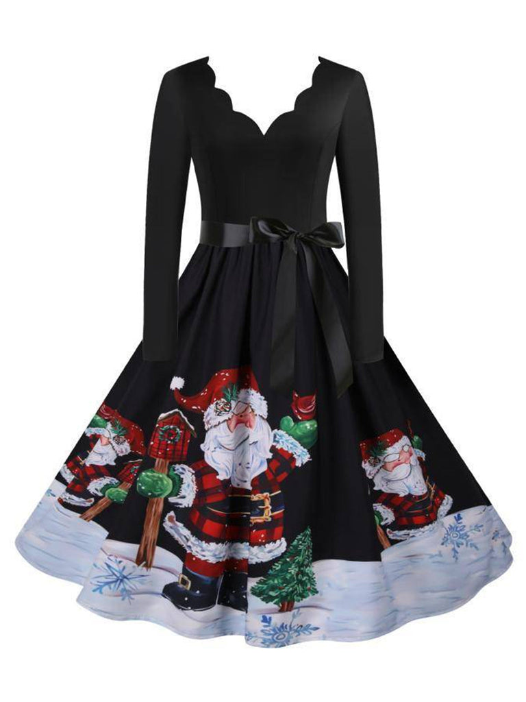 Schwarz 1950er Gewellter Hals Weihnachten Santa Gürtel Kleid