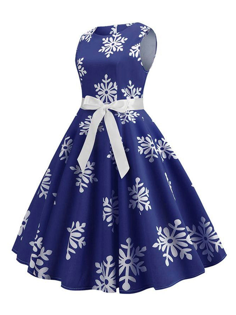 1950er Weihnachten Schneeflocke Ärmellos Gürtel Kleid