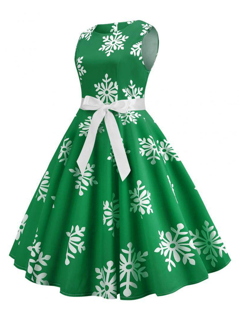 1950er Weihnachten Schneeflocke Ärmellos Gürtel Kleid