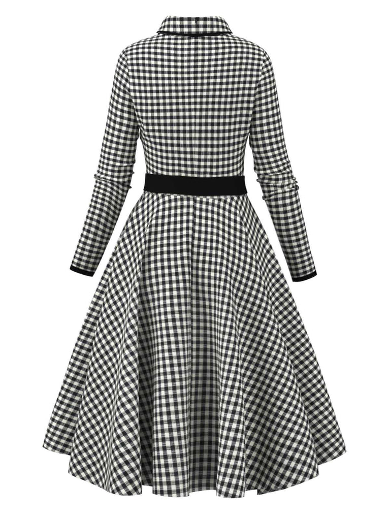 [Vorverkauf] Schwarz 1950er Revers Gingham Plaid Kleid