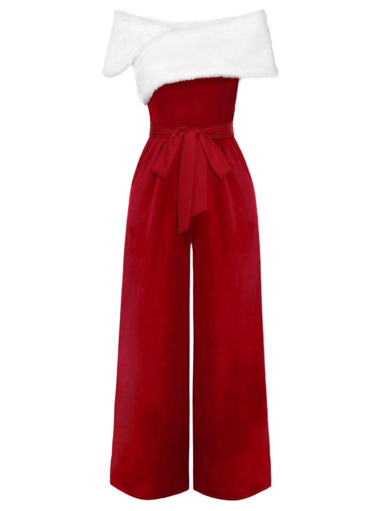 Rot 1960er Schulterfrei Kunstpelz Samt Jumpsuit