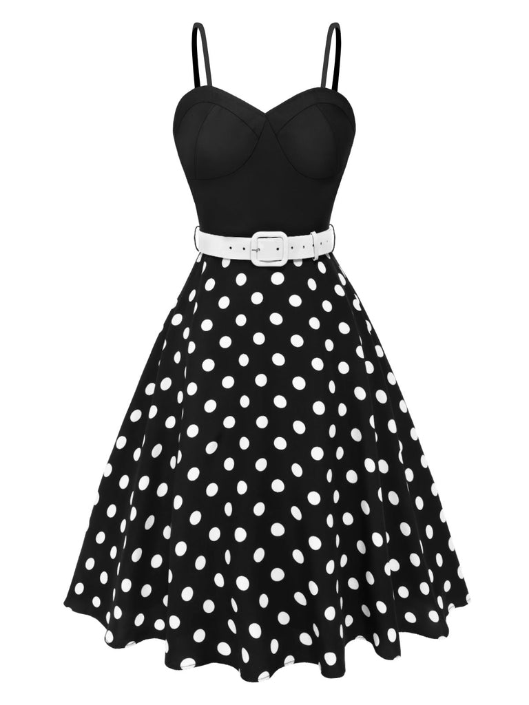 [Vorverkauf] Schwarz 1950er Spaghetti Träger Polka Dots Gürtel Kleid