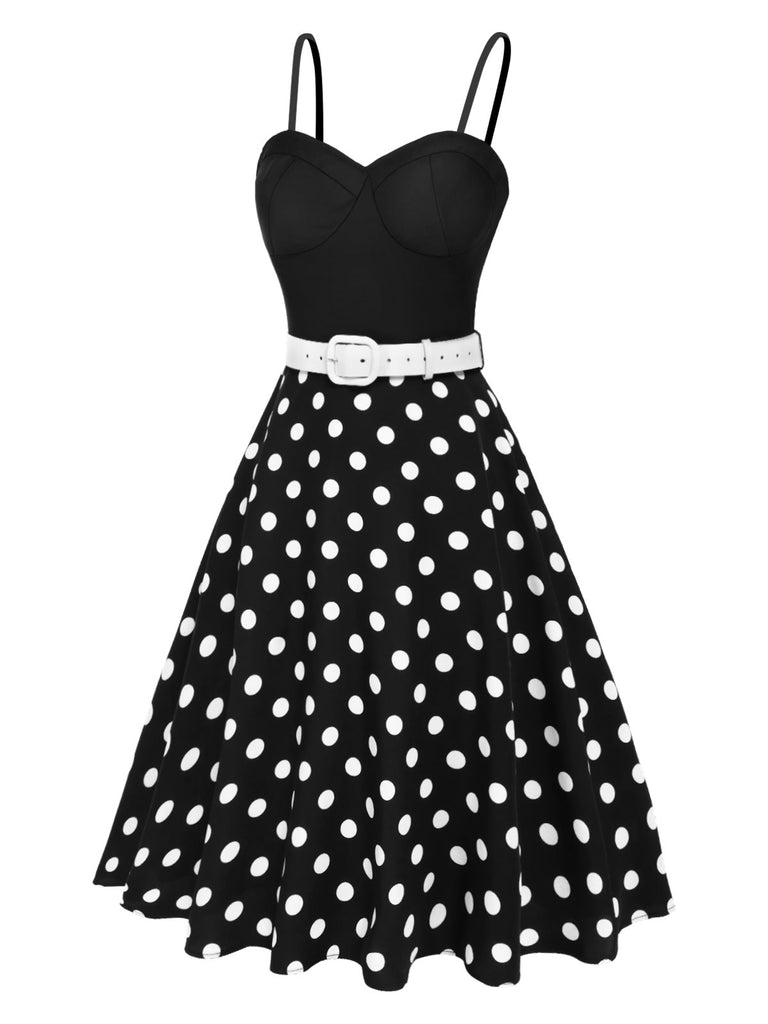 [Vorverkauf] Schwarz 1950er Spaghetti Träger Polka Dots Gürtel Kleid