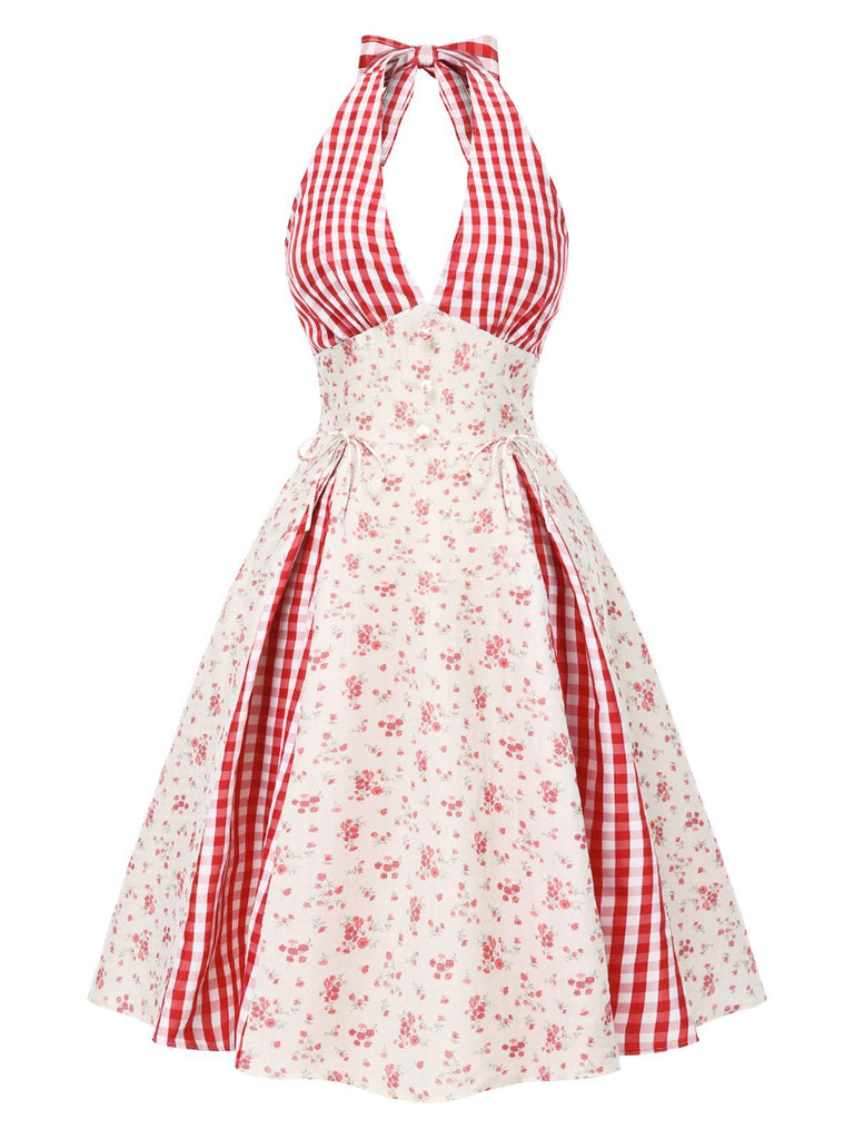 [Vorverkauf] Rot 1950er Landhausstil Blumen Plaid Halter Kleid