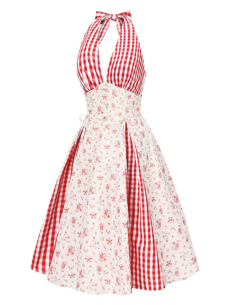 [Vorverkauf] Rot 1950er Landhausstil Blumen Plaid Halter Kleid