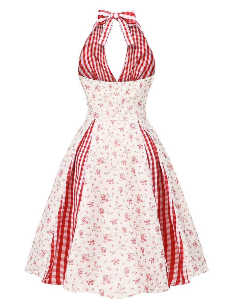 [Vorverkauf] Rot 1950er Landhausstil Blumen Plaid Halter Kleid