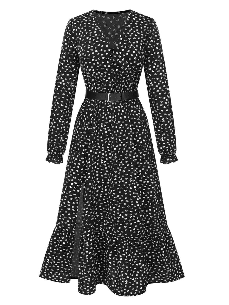 Schwarz 1940er Schlitz Blumen Gürtel Kleid