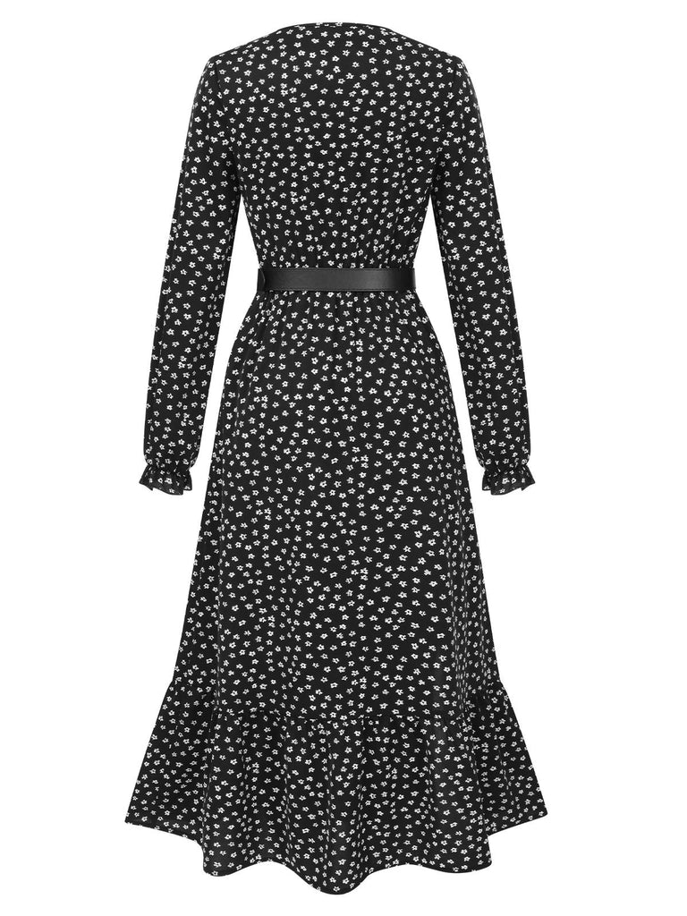 Schwarz 1940er Schlitz Blumen Gürtel Kleid