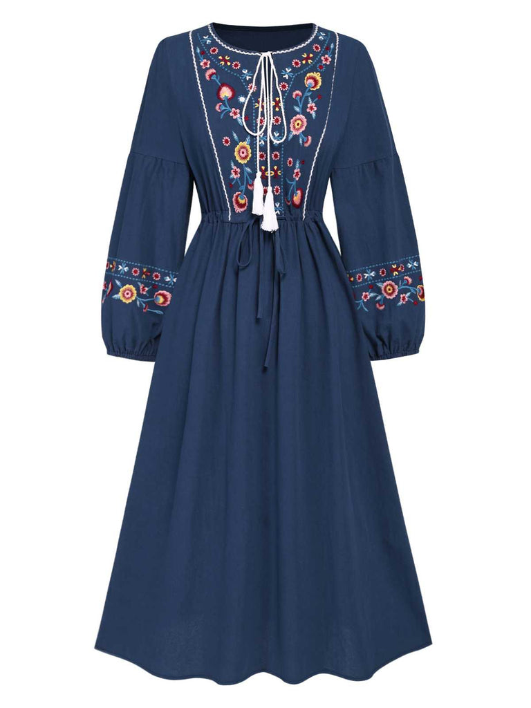 Blau 1940er Bestickt Blumen Laternenärmel Kleid