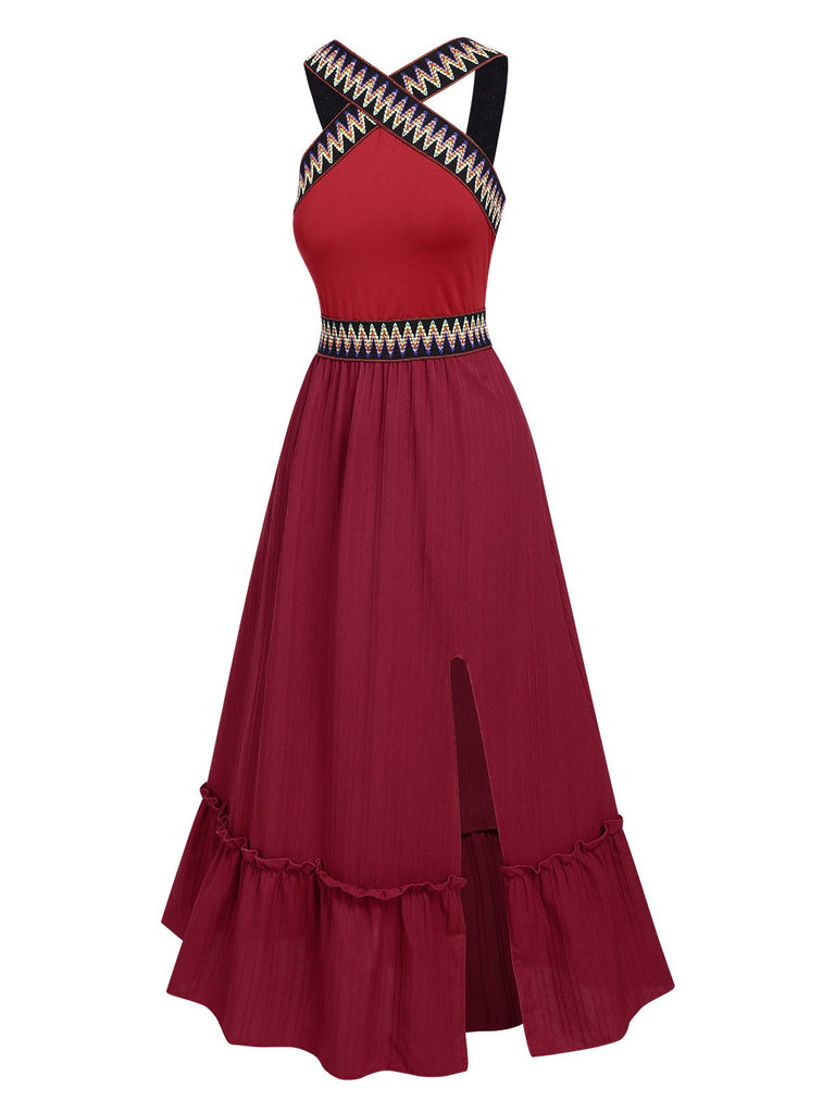 Weinrot 1940er Halter Ethnic Kleid