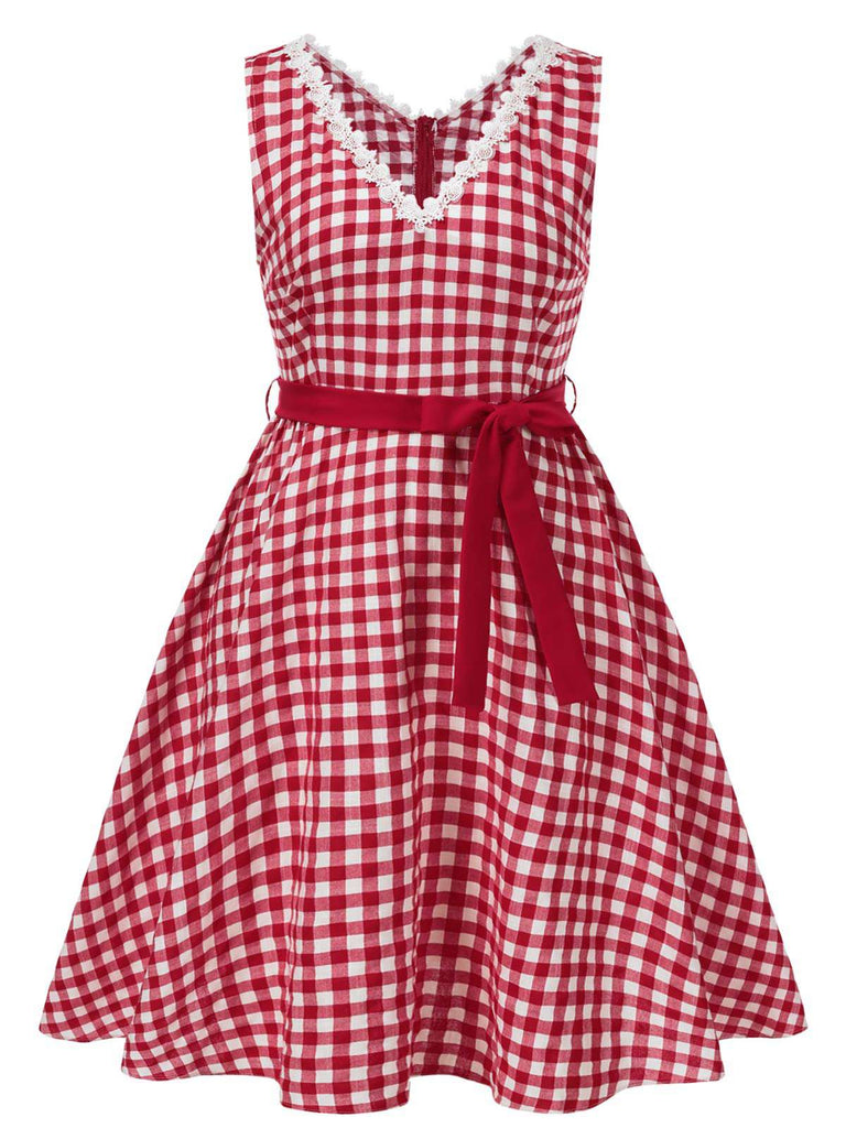 [Vorverkauf] [Übergröße] Rot 1950er Spitze Baumwolle Plaid Kleid