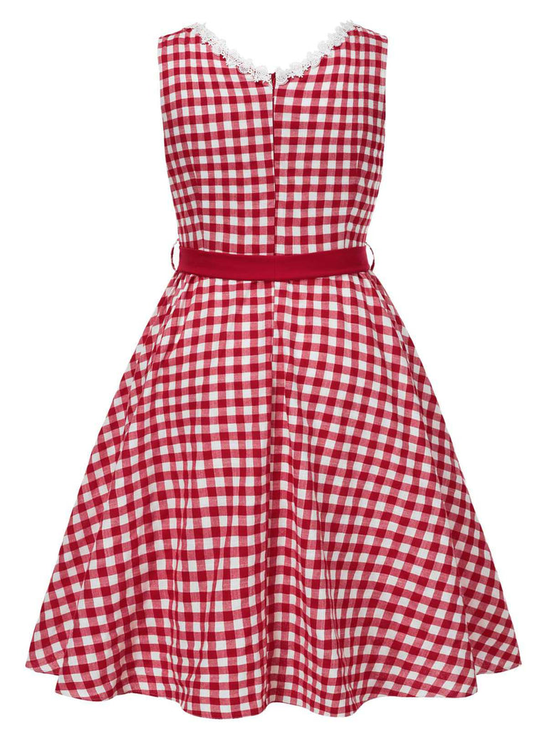 [Vorverkauf] [Übergröße] Rot 1950er Spitze Baumwolle Plaid Kleid