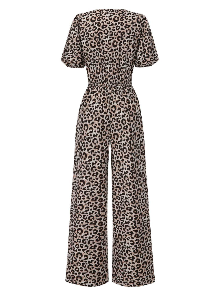 1970er V-Ausschnitt Puffärmel Leopard Jumpsuit