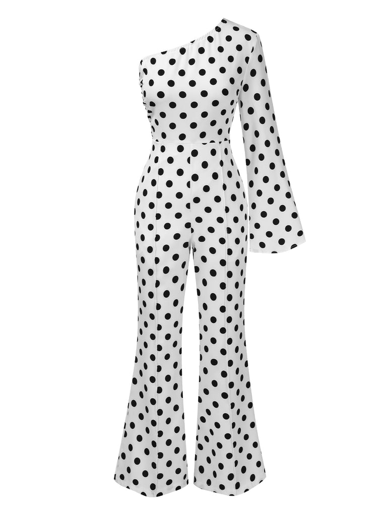 Weiß 1970er Schräge Schultern Polka Dots Jumpsuit