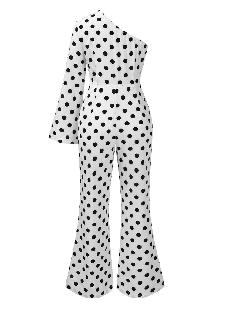 Weiß 1970er Schräge Schultern Polka Dots Jumpsuit