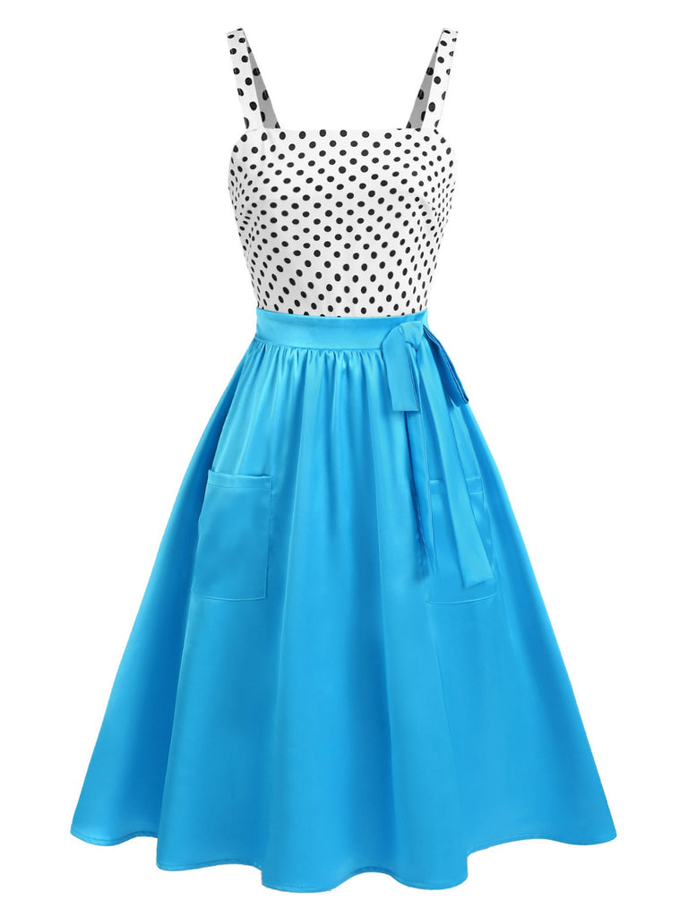 [Vorverkauf] Blau 1950er Polka Dot Patchwork Träger Kleid