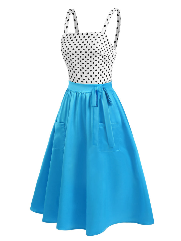 [Vorverkauf] Blau 1950er Polka Dot Patchwork Träger Kleid