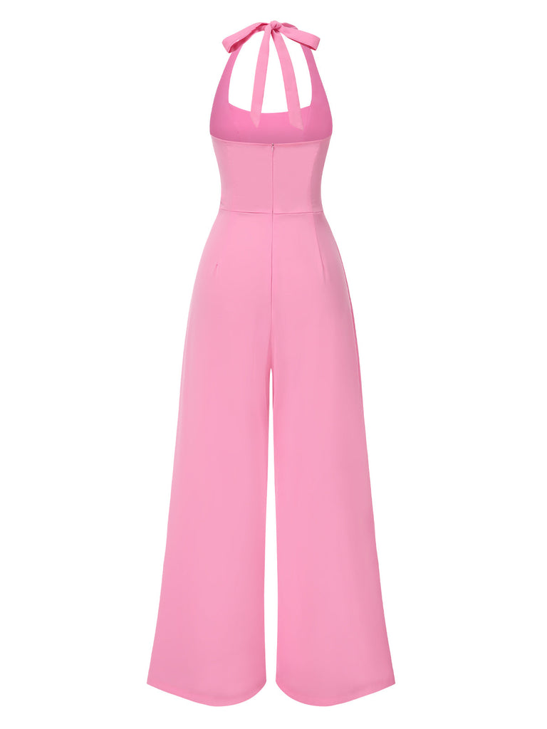 Rosa 1950er Halter Solide Jumpsuit