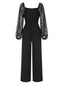 Schwarz 1960er Beflockter Quadratischer Hals Patchwork Jumpsuit