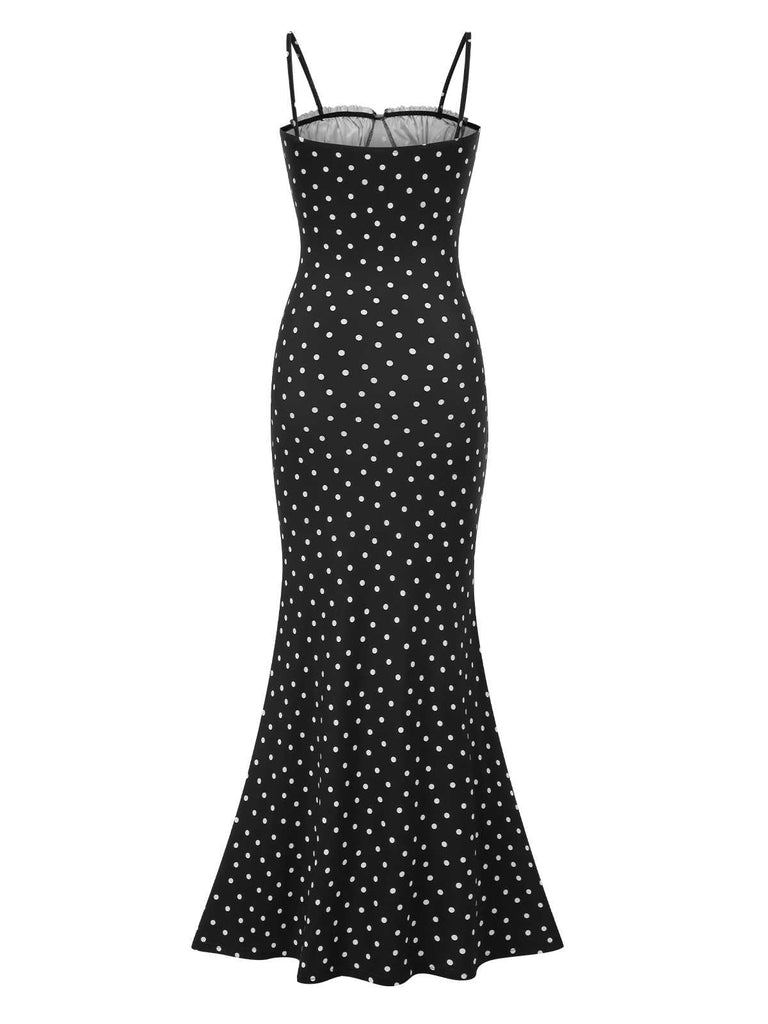 Schwarz 1930er Polka Dots Rückenfrei Meerjungfrauen Maxi Kleid