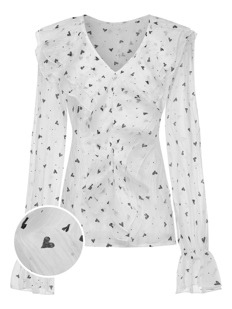 Weiß 1940er Herz Dots Illusion Rüschen Bluse