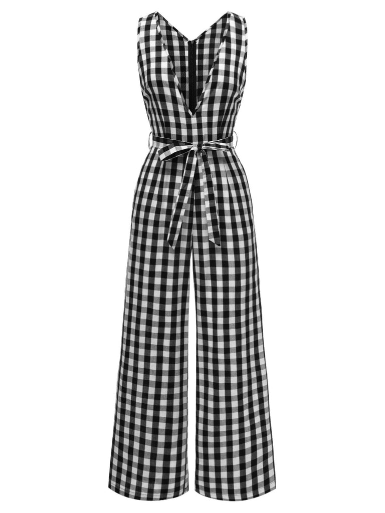 [Vorverkauf] Schwarz 1940er V-Ausschnitt Gingham Plaid Baumwolle Jumpsuit