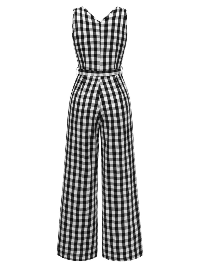 [Vorverkauf] Schwarz 1940er V-Ausschnitt Gingham Plaid Baumwolle Jumpsuit