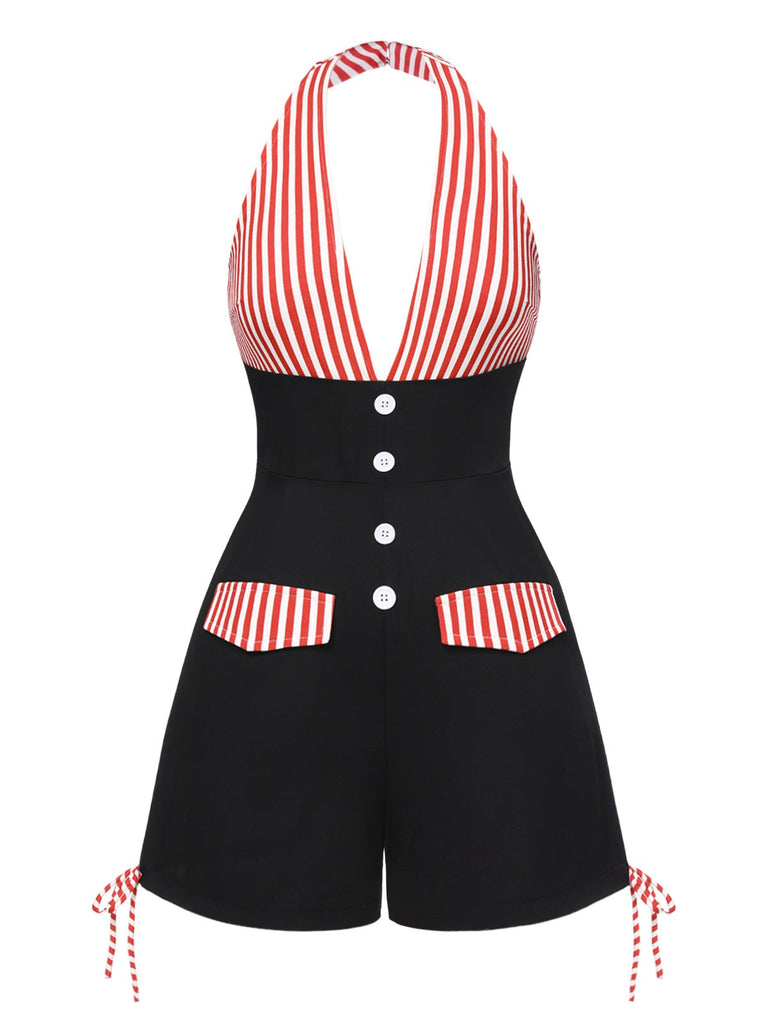 [Vorverkauf] Schwarz 1950er Streifen Patchwork Halter Romper