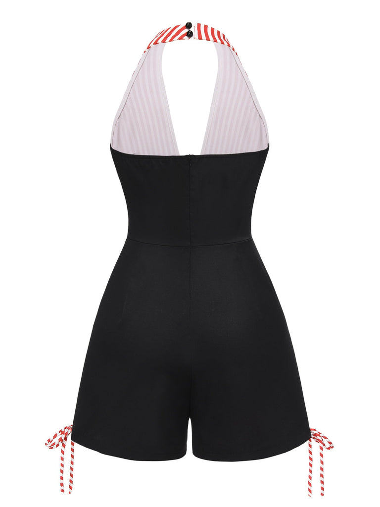 [Vorverkauf] Schwarz 1950er Streifen Patchwork Halter Romper