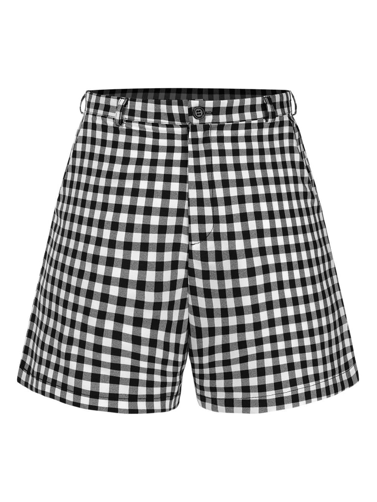 [Vorverkauf] 2PCS Rosa & Schwarz 1960er Ärmellos Bluse & Plaid Shorts