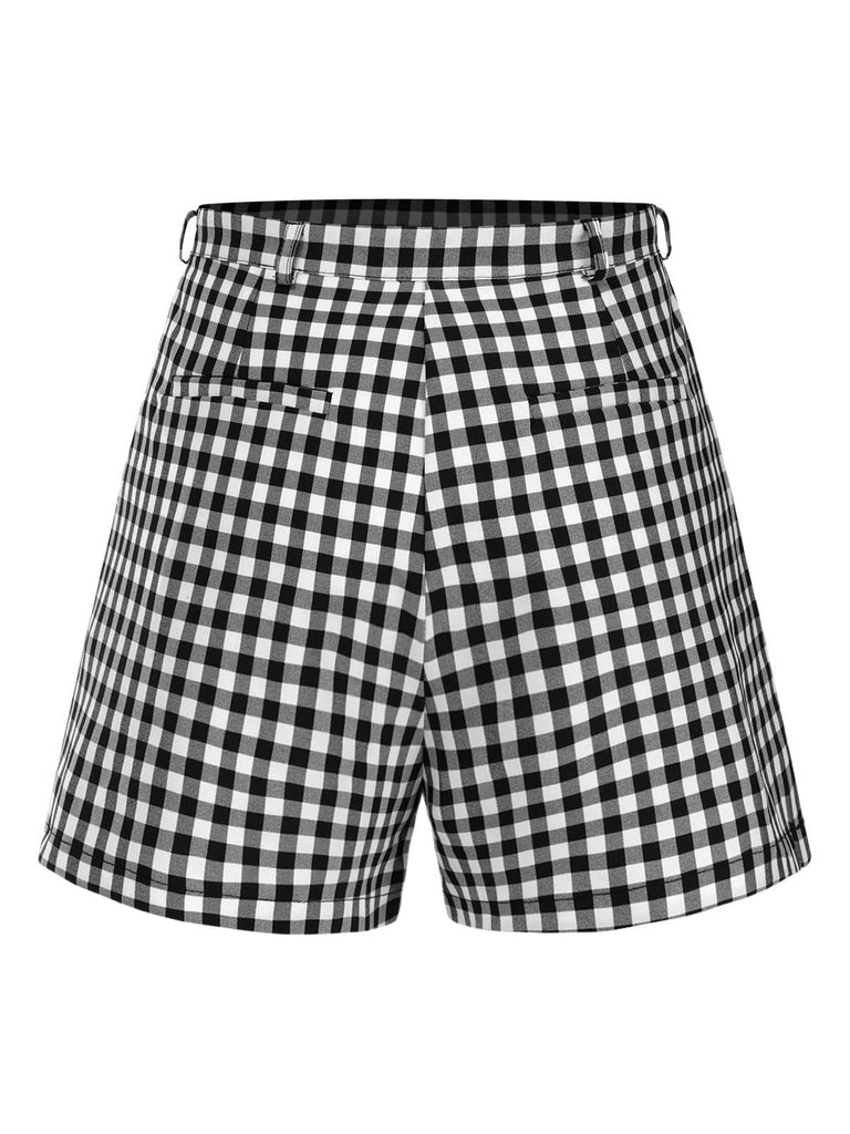 [Vorverkauf] 2PCS Rosa & Schwarz 1960er Ärmellos Bluse & Plaid Shorts