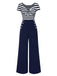 [Vorverkauf] Blau 1950er Hohl Bogen Streifen Patchwork Jumpsuit