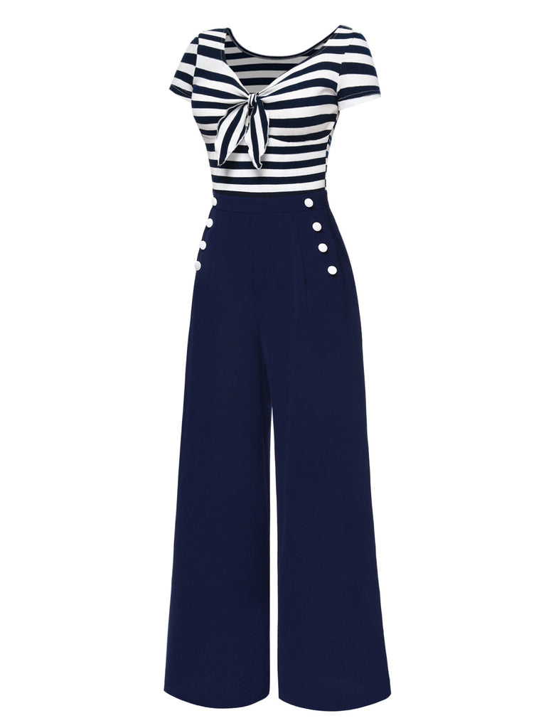 [Vorverkauf] Blau 1950er Hohl Bogen Streifen Patchwork Jumpsuit