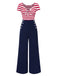 Blau 1950er Hohl Bogen Streifen Patchwork Jumpsuit