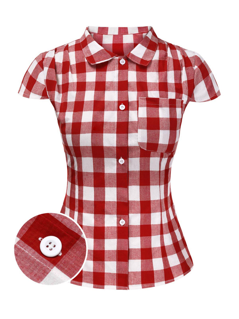 [Vorverkauf] Rot 1950er Revers Gingham Überschnittene Schulter Bluse