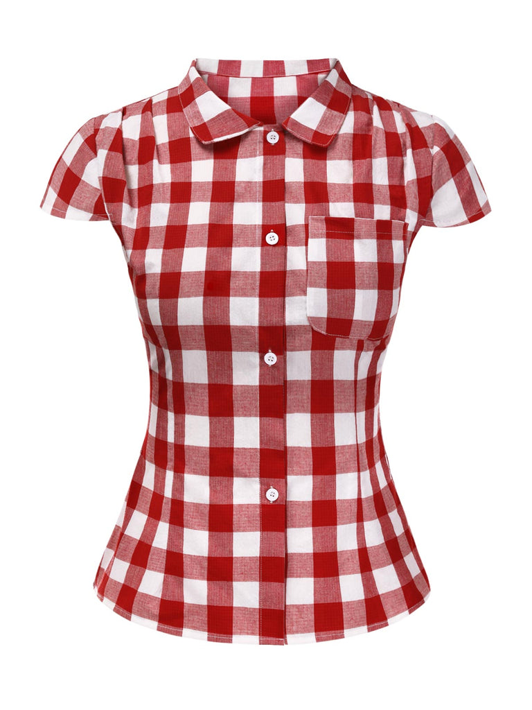 [Vorverkauf] Rot 1950er Revers Gingham Überschnittene Schulter Bluse