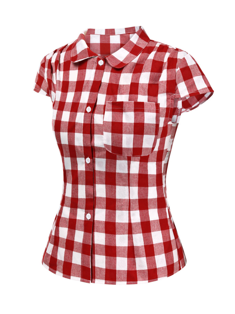 [Vorverkauf] Rot 1950er Revers Gingham Überschnittene Schulter Bluse